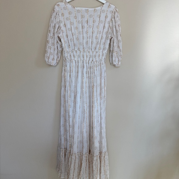 Boho White Maxi Metallic Detail White Gold Women's Puff Sleeve Dress - Picture 8 of 8